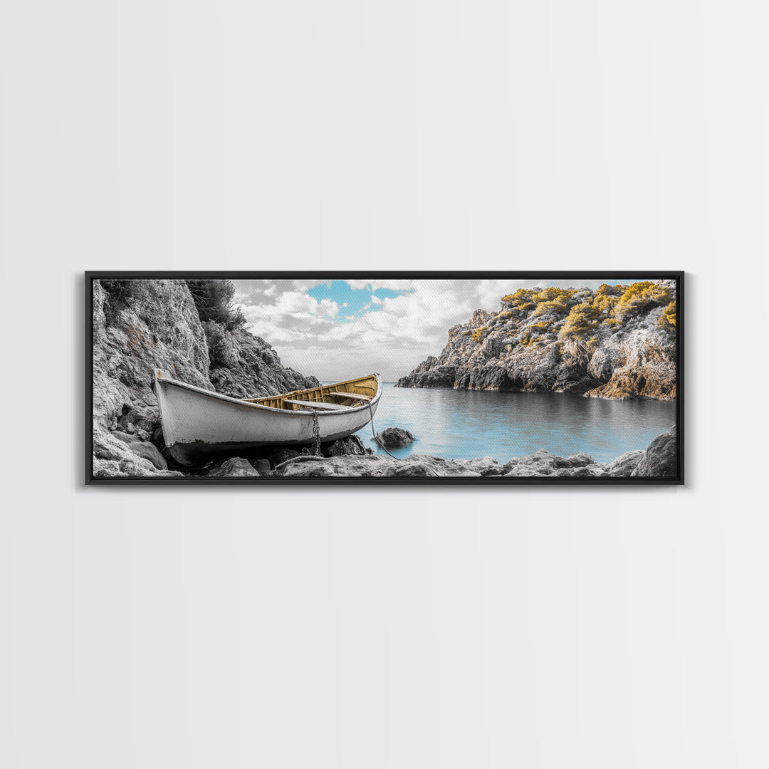 Abandoned Rowboat, Rustic Shore, Autumn Cove, Island Serenity, Framed Canvas Print, Lakehouse Decor, Coastal Wall Art, Nature Print