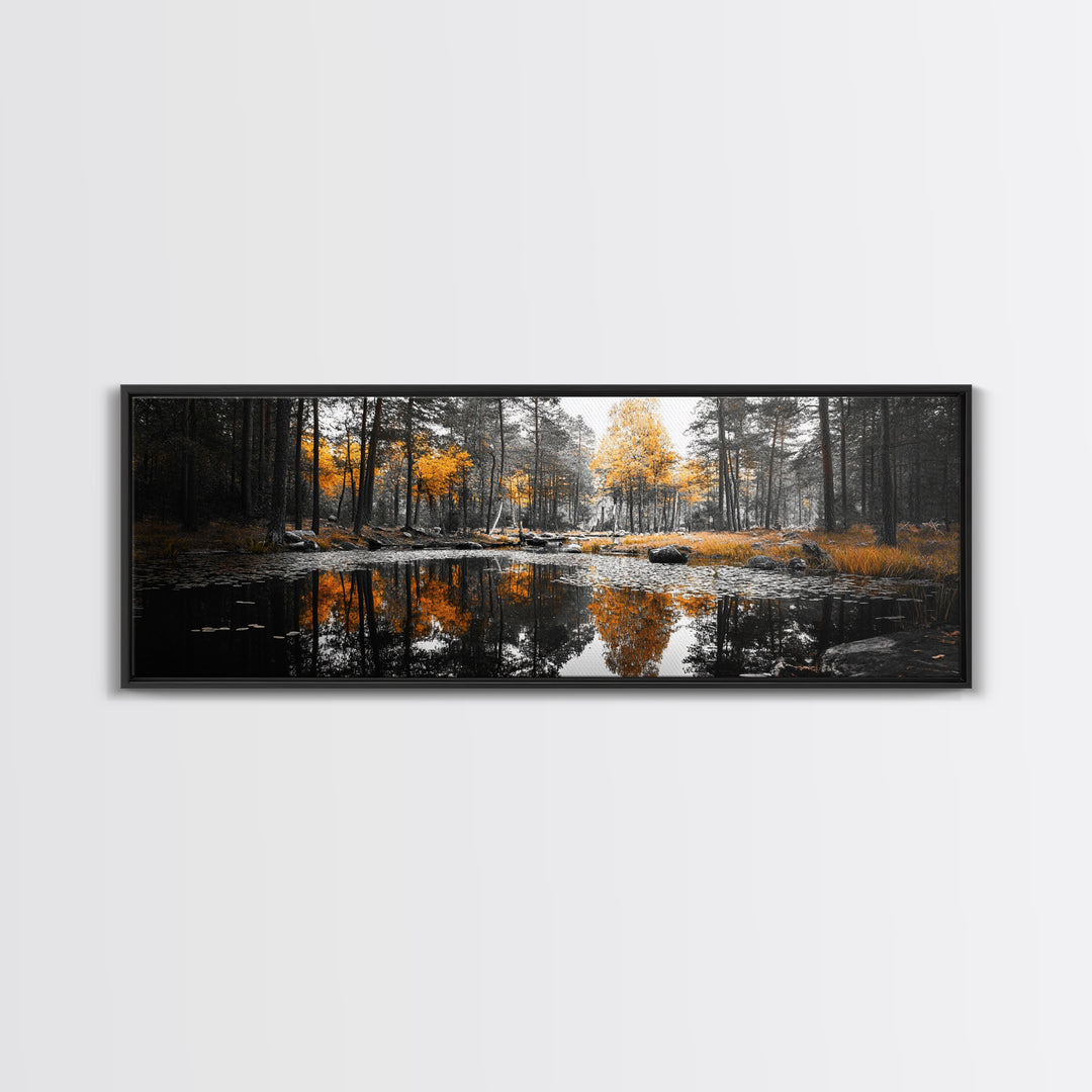 Autumn Forest, Golden Trees, Tranquil Reflection, Nature Pond, Framed Canvas Print, Fall Wall Art, Living Room Decor, Cozy Vibes