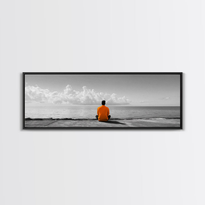 Orange Jacket, Solitude Man, Sea Gaze, Minimal Mood, Framed Canvas Print, Office Wall Art, Modern Decor, Reflective Photography