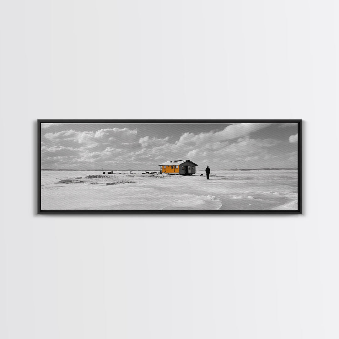 Winter Fishing, Ice House, Snowy Sky, Arctic Chill, Framed Canvas Print, Cabin Wall Art, Minimalist Winter Decor, Monochrome Scene