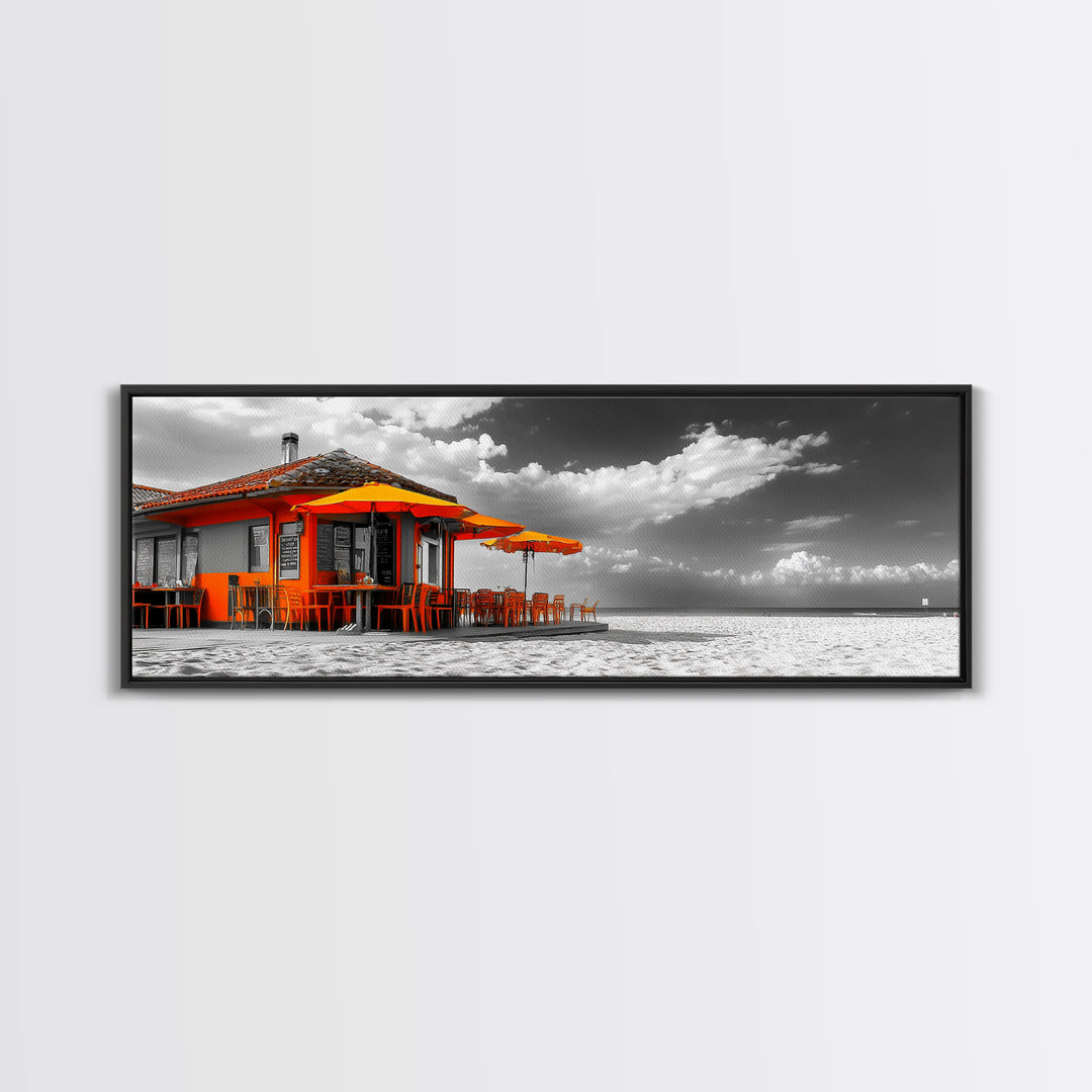 Beach Cafe, Orange Umbrellas, Seaside Dining, Sunny Vibes, Framed Canvas Print, Kitchen Wall Art, Summer Coastal Style