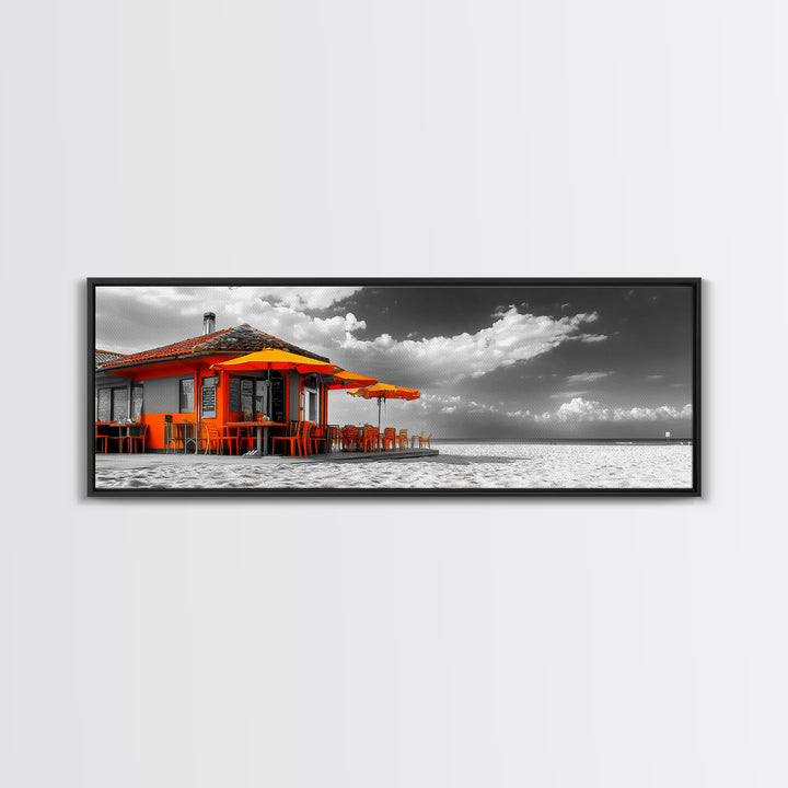 Beach Cafe, Orange Umbrellas, Seaside Dining, Sunny Vibes, Framed Canvas Print, Kitchen Wall Art, Summer Coastal Style