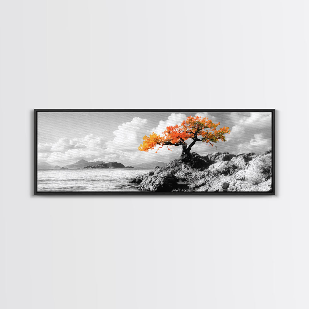 Autumn Tree, Coastal Cliff, Ocean Horizon, Framed Canvas Print, Autumn decor, rustic wall art, minimalist nature, neutral tones