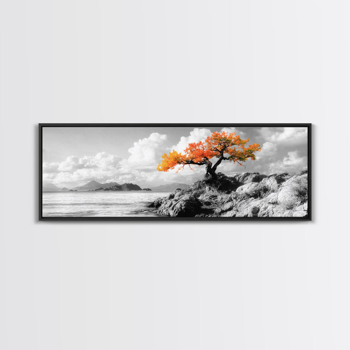 Autumn Tree, Coastal Cliff, Ocean Horizon, Framed Canvas Print, Autumn decor, rustic wall art, minimalist nature, neutral tones