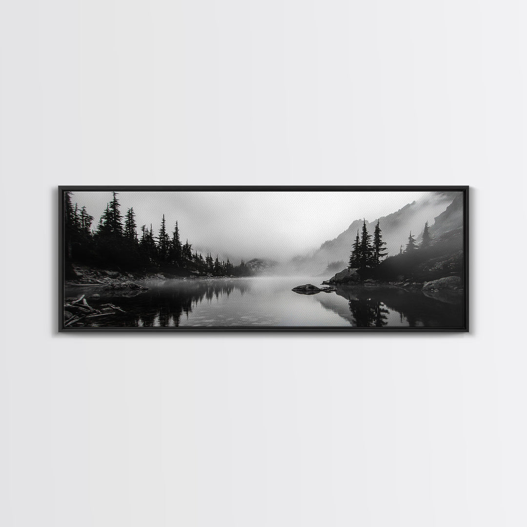 Foggy Pines, Mountain Reflection, Monochrome Wilderness, Canvas Print, black and white wall art, cabin decor, minimalist forest scene