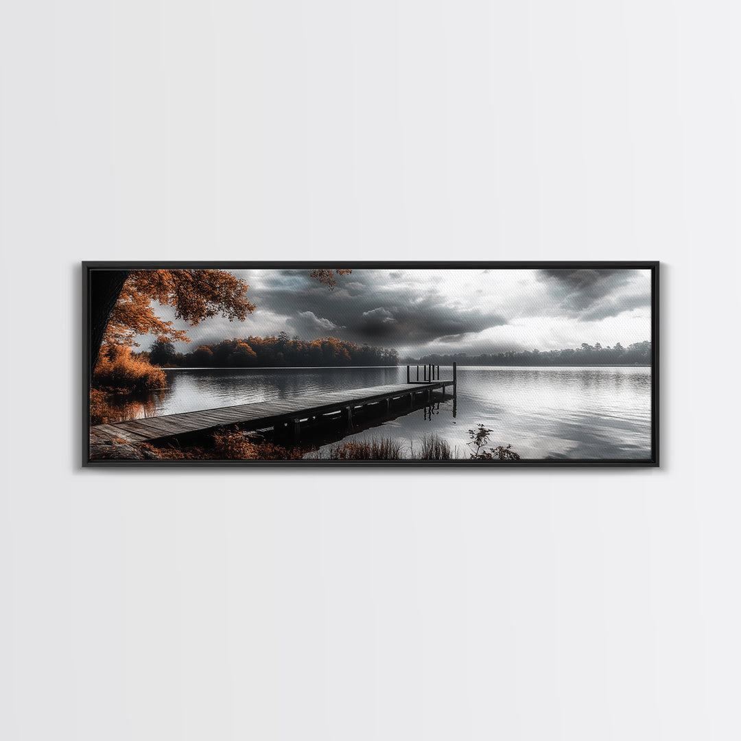 Autumn Lake, Stormy Sky, Wooden Dock, Canvas Print, fall landscape wall art, cozy home decor, cabin style print, orange forest reflections