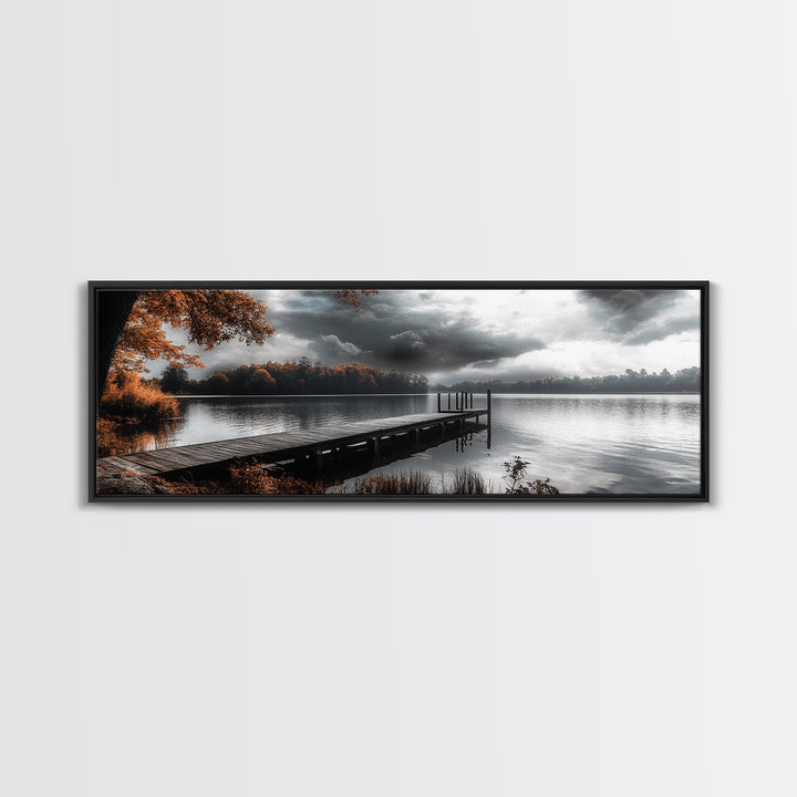 Autumn Lake, Stormy Sky, Wooden Dock, Canvas Print, fall landscape wall art, cozy home decor, cabin style print, orange forest reflections
