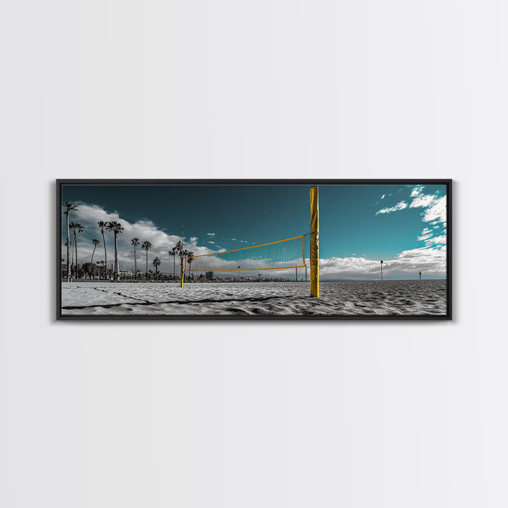 Beach Volleyball, Palm Trees, Summer Sport, Coastal Minimalism, Framed Canvas Print, Rec Room Wall Art, Sporty Vibe Decor