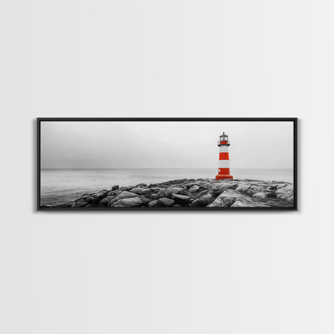 Rocky Shore, Coastal Guide, Red Lighthouse, Ocean Cliff Scene, Framed Canvas Print, Nautical Wall Decor, Bathroom Wall Art, Minimalist Art