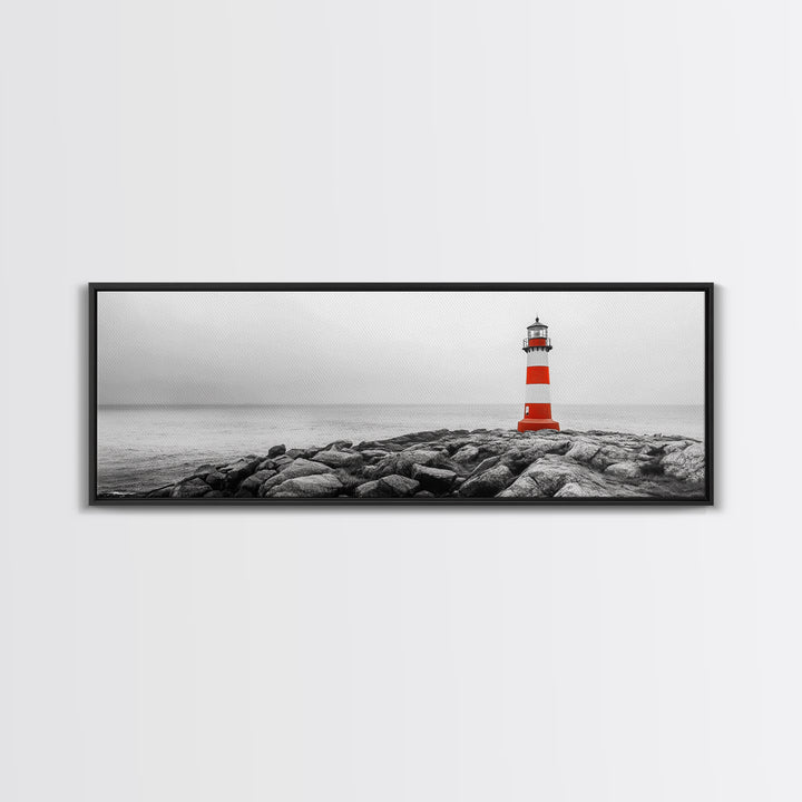 Rocky Shore, Coastal Guide, Red Lighthouse, Ocean Cliff Scene, Framed Canvas Print, Nautical Wall Decor, Bathroom Wall Art, Minimalist Art