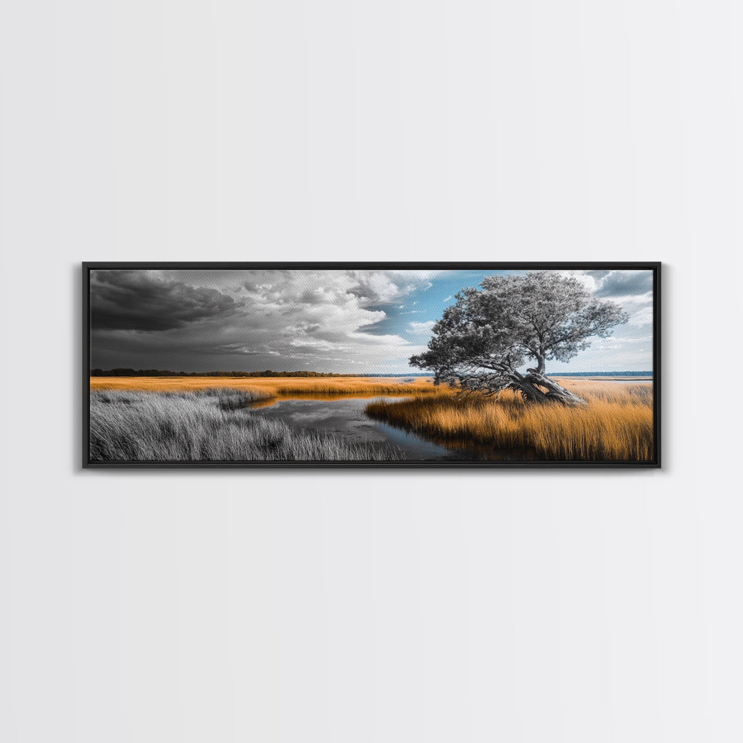Autumn Marsh, Windswept Tree, Golden Grass, Storm Sky, Framed Canvas Print, Fall Wall Art, Living Room Decor, Rustic Landscape
