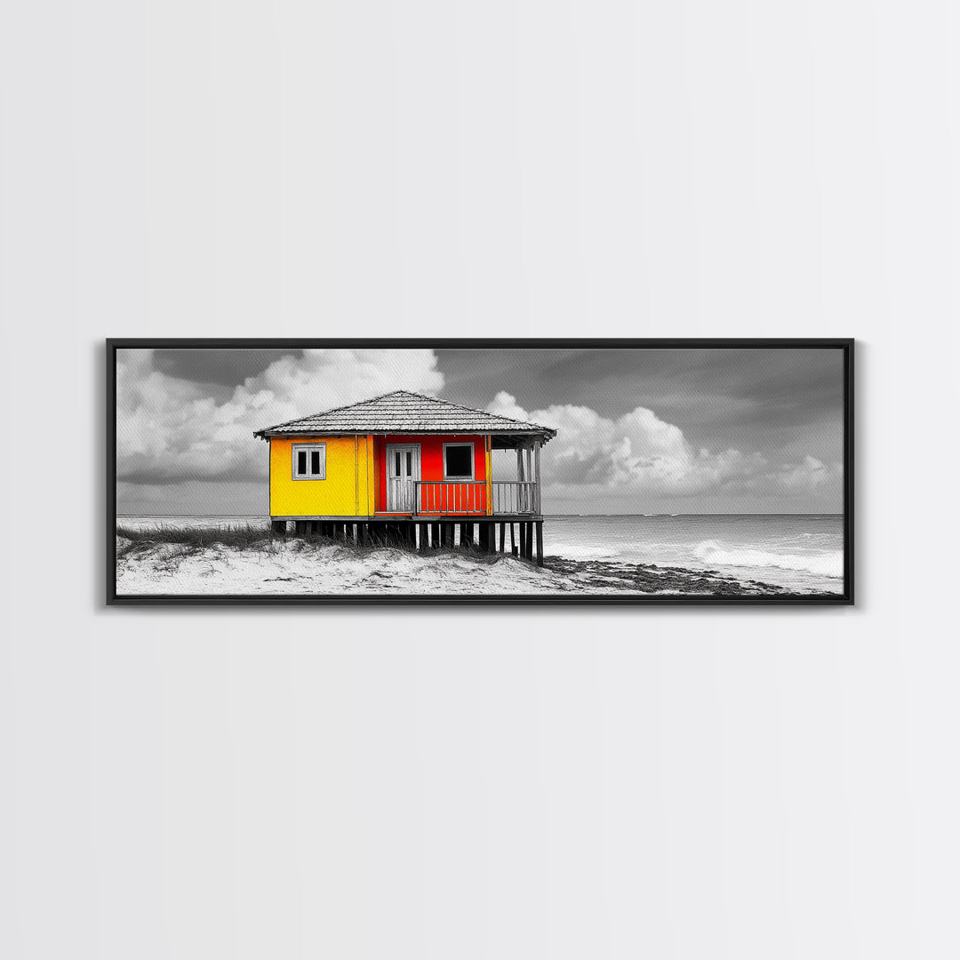 Yellow Cabin, Seaside Shack, Color Pop, Coastal Vibes, Framed Canvas Print, Beach House Wall Art, Bold Nautical Decoretic