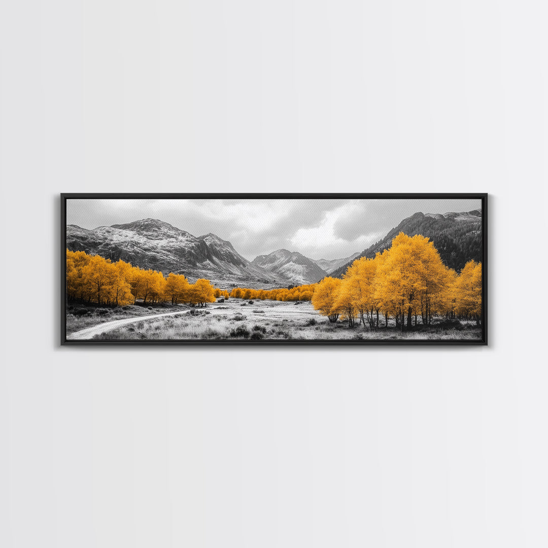 Golden Trees Trail, Snowy Peaks, Serene Landscape, Framed Canvas Print, Autumn Home Decor, Cozy Wall Art, Cabin Aesthetic