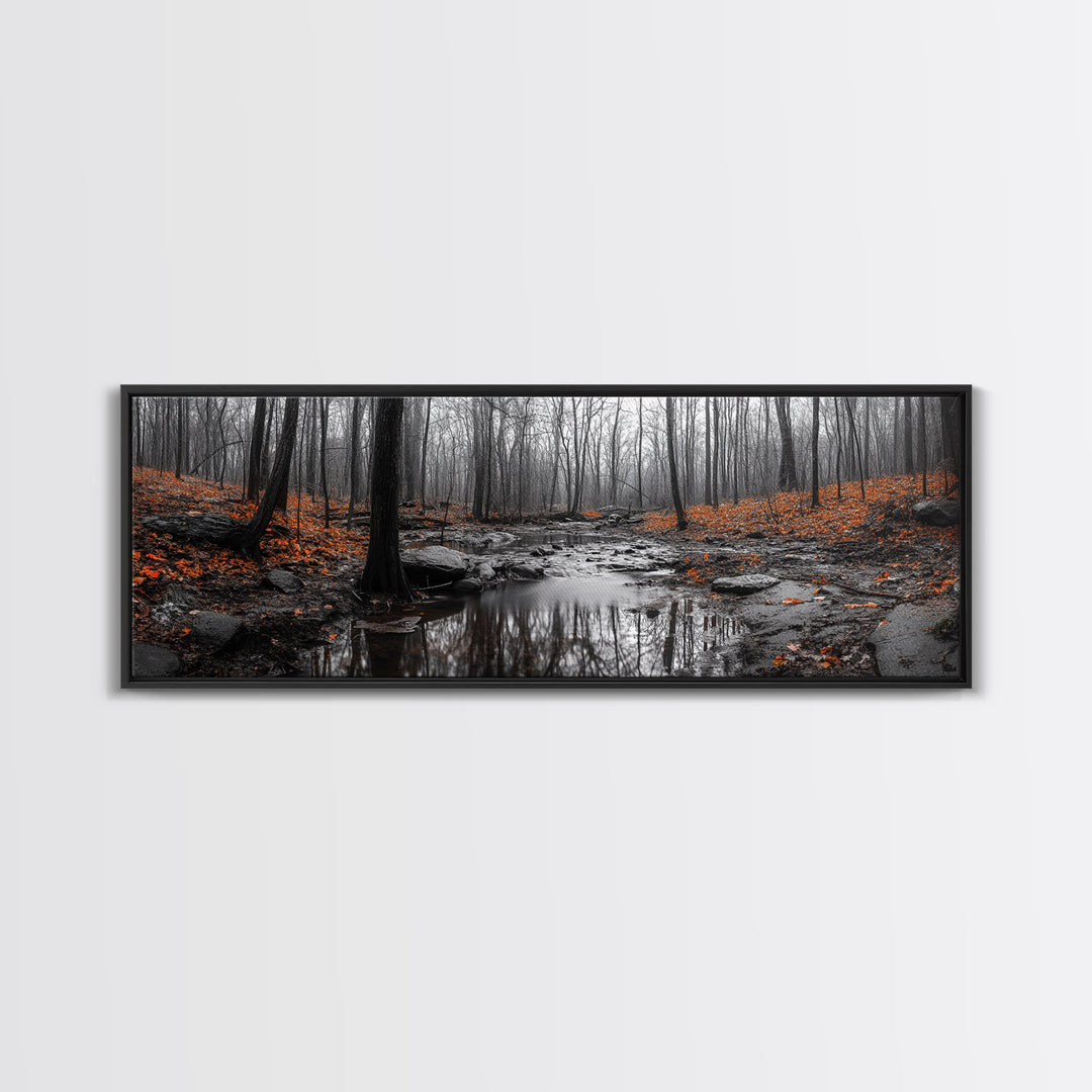 Autumn Forest Stream, Bare Trees, Orange Leaves, Framed Canvas Print, Fall Wall Art, Cozy Nature Scene, Entryway Decor