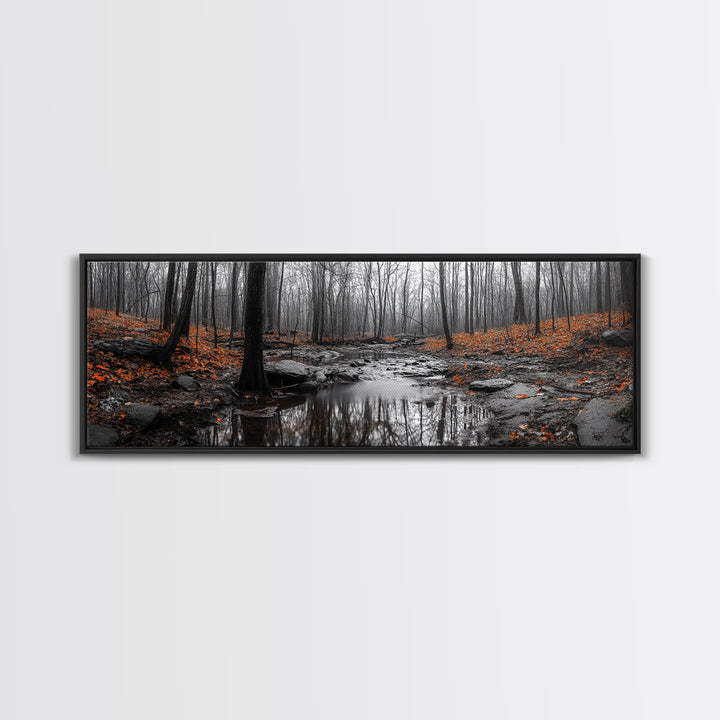 Autumn Forest Stream, Bare Trees, Orange Leaves, Framed Canvas Print, Fall Wall Art, Cozy Nature Scene, Entryway Decor
