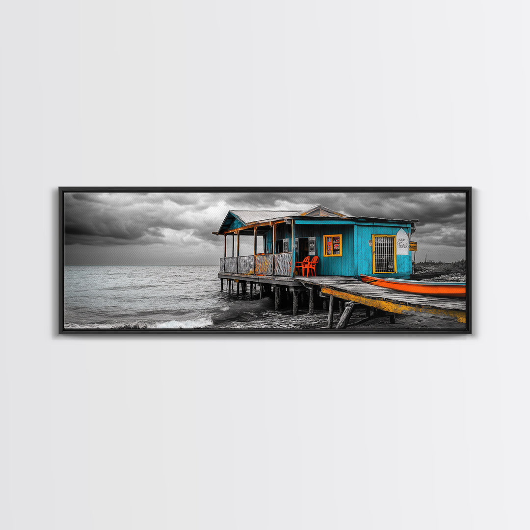 Rustic Shack, Ocean Pier, Stormy Skies, Tropical Retreat, Framed Canvas Print, Nautical Wall Art, Beach Cabin Decor, Lake House Style