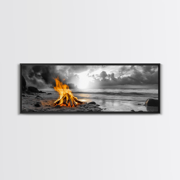 Beach Bonfire Glow, Autumn Coastal Scene, Campfire Photography, Canvas Print, Rustic Living Room or Cabin Wall Art, Fall Decor