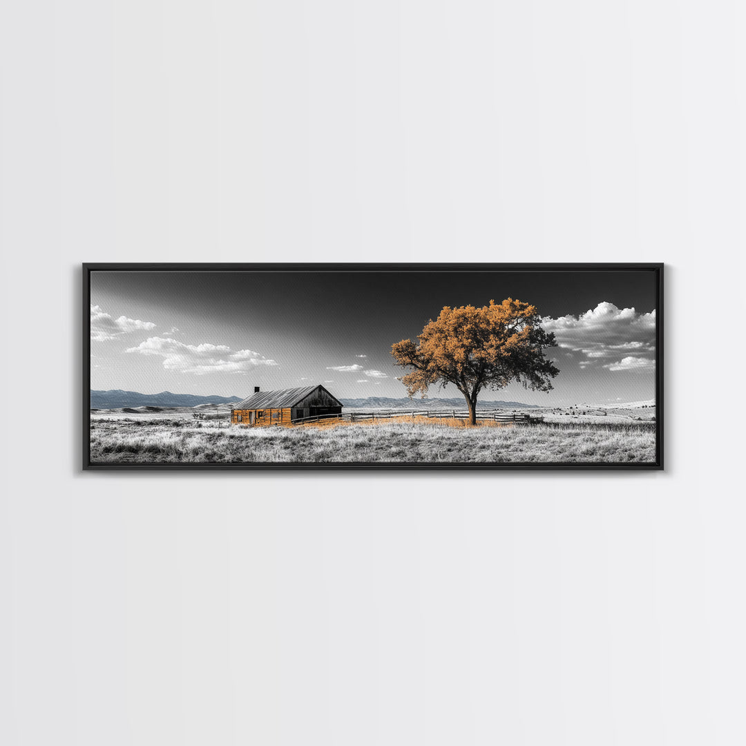 Prairie Cabin, Golden Tree, Rural Landscape, Open Sky, Framed Canvas Print, Country Decor, Farmhouse Wall Art, Rustic Bedroom Style