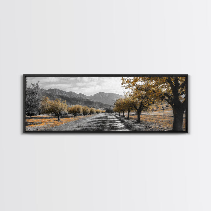 Autumn Orchard, Tree Tunnel, Mountain Path, Golden Fields, Framed Canvas Print, Fall Landscape Art, Rustic Farmhouse Decor, Dining Room Wall Art