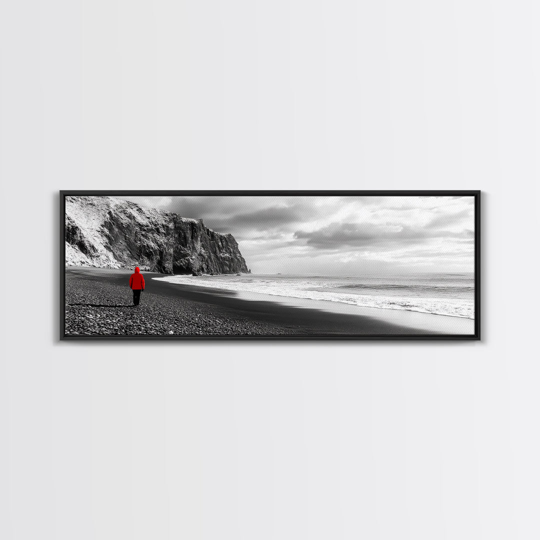 Red Jacket Wanderer, Moody Coastal Cliff Scene, Monochrome Photography, Framed Canvas Print, Modern Minimalist Office Wall Art