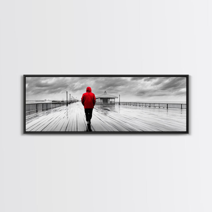 Red Jacket Walk, Rainy Boardwalk Scene, Urban Solitude, Moody Landscape Photography, Canvas Print, Entryway Wall Art, Minimalist Decor