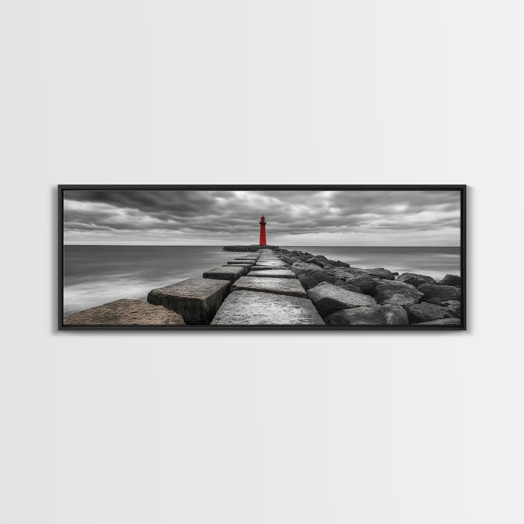 Red Lighthouse Coast, Seaside Rock Jetty, Stormy Sky Mood, Nautical Beacon View, Canvas Print, Bathroom Wall Art, Coastal Modern Decor