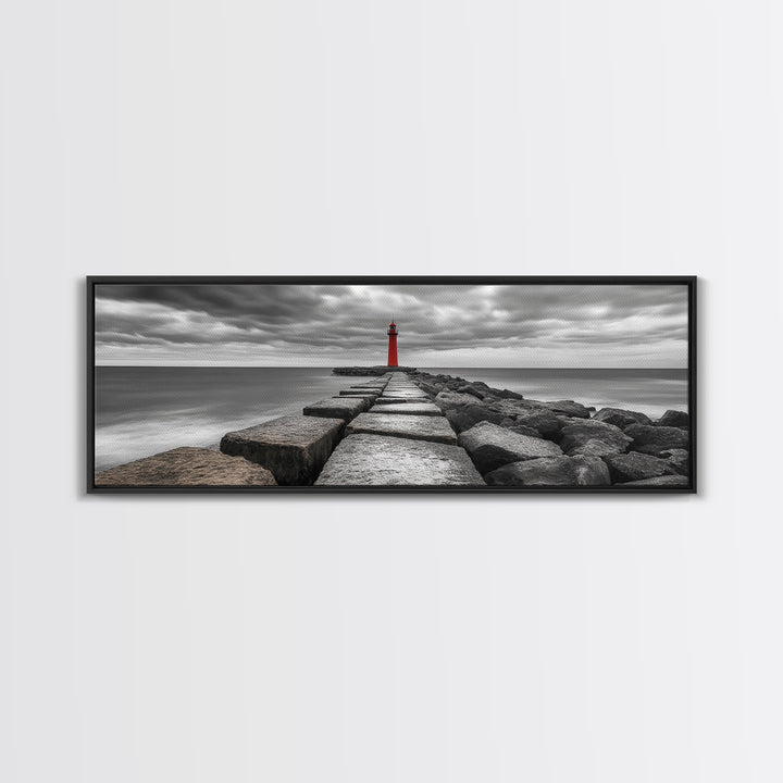 Red Lighthouse Coast, Seaside Rock Jetty, Stormy Sky Mood, Nautical Beacon View, Canvas Print, Bathroom Wall Art, Coastal Modern Decor