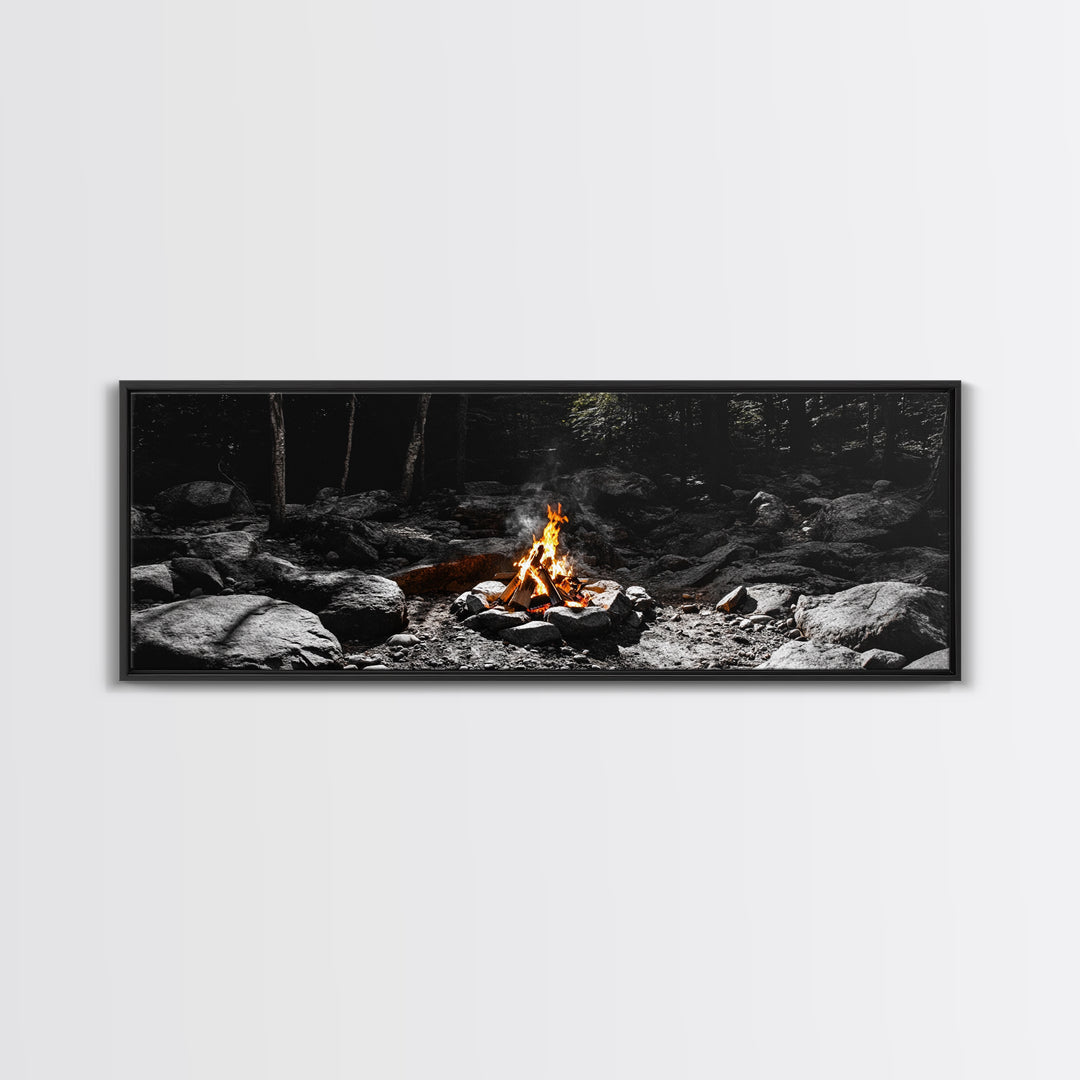 Stone Circle, Night Fire, Forest Blaze, Cozy Gathering, Canvas Print, Wilderness Wall Art, Fall Camping Decor, Rustic Cabin Style