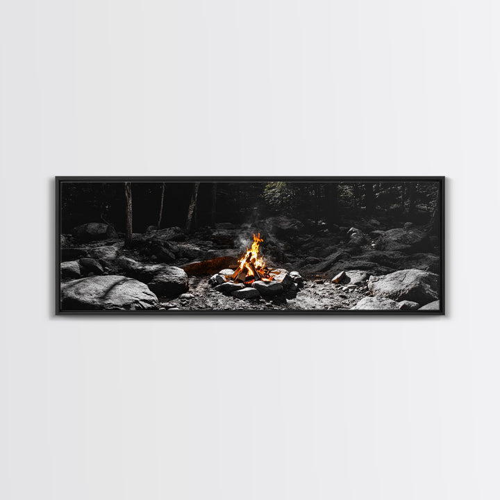 Stone Circle, Night Fire, Forest Blaze, Cozy Gathering, Canvas Print, Wilderness Wall Art, Fall Camping Decor, Rustic Cabin Style
