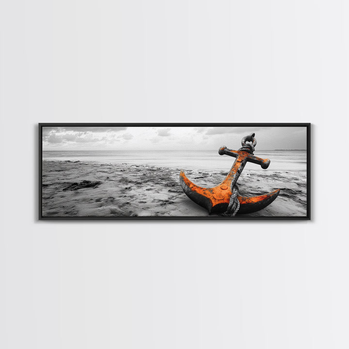 Rusted Anchor, Coastal Decay, Ocean Shore, Nautical Minimalism, Framed Canvas Print, Beach House Wall Art, Bathroom Wall Decor