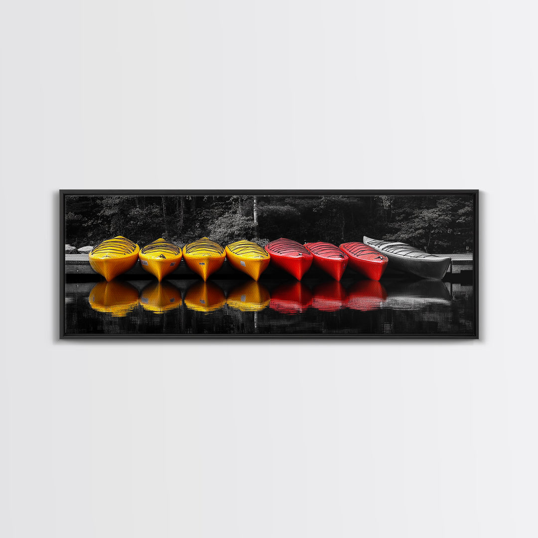 Canoes Docked, Reflection Scene, Kayak Art, Framed Canvas Print, Adventure Wall Art, Boho Water Sports, Cabin Living Room Decor