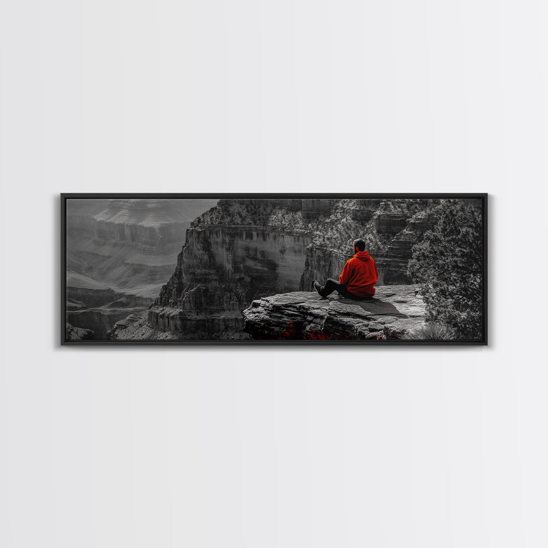Grand Canyon, Meditation Art, Red Jacket, Adventure Scene, Framed Canvas Print, Hiking Wall Art, Man Cave Decor, Minimalist Landscape