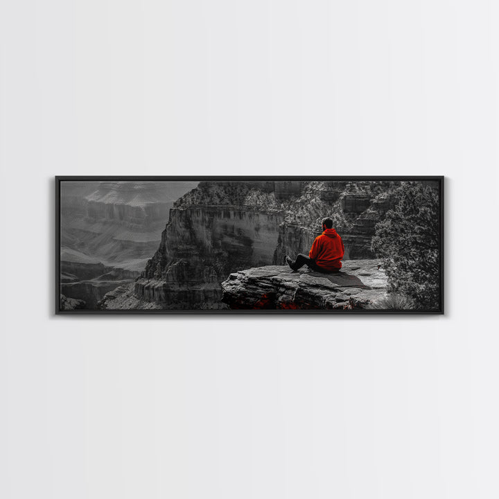 Grand Canyon, Meditation Art, Red Jacket, Adventure Scene, Framed Canvas Print, Hiking Wall Art, Man Cave Decor, Minimalist Landscape
