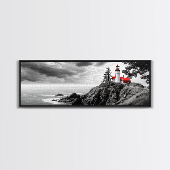 Coastal Lighthouse, Ocean Cliffs, Red Roof, Nautical Beacon, Framed Canvas Print, Bathroom Wall Art, Minimalist Coastal Decor, Seaside Vibe