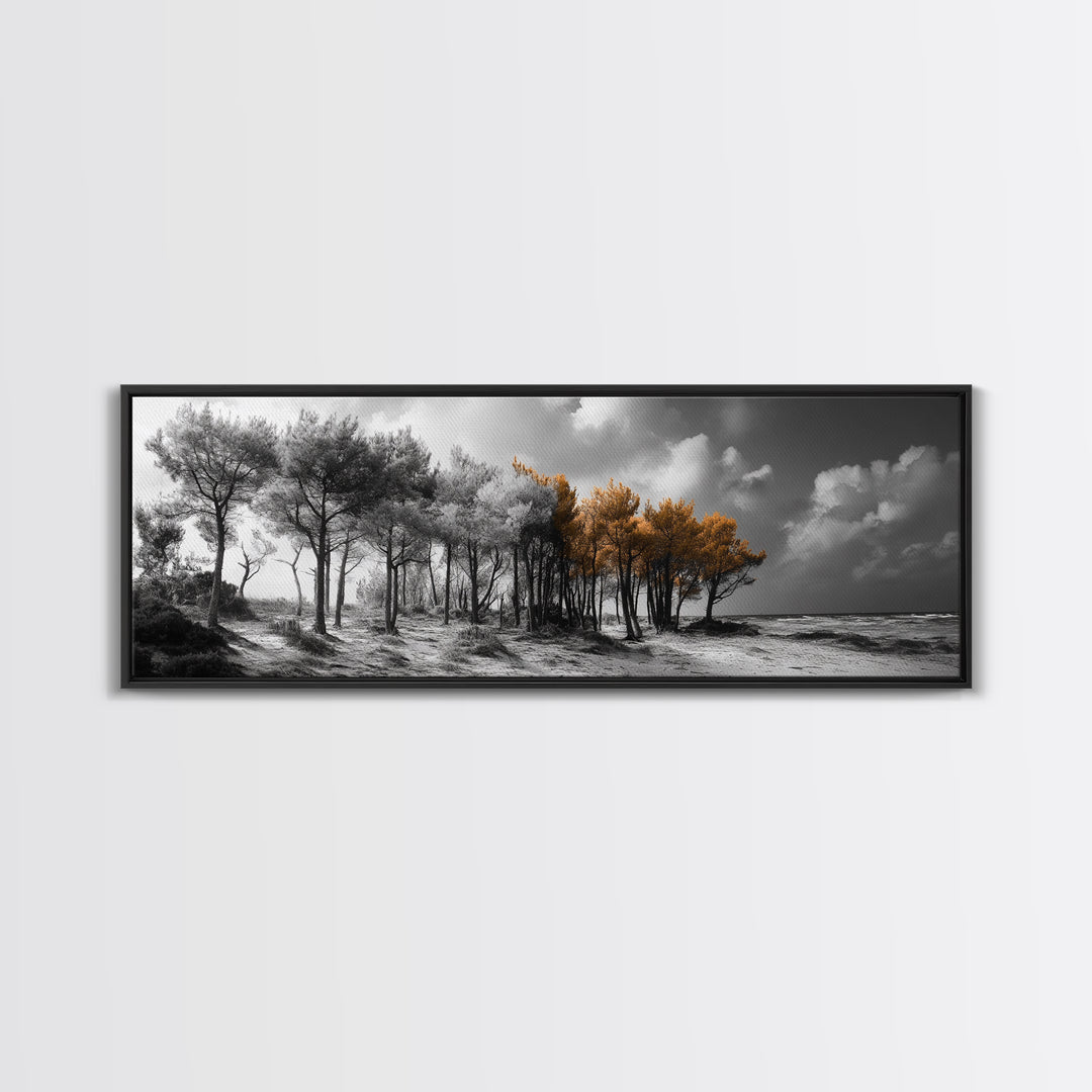 Autumn Forest Trees, Windswept Pine Grove, Beachside View, Framed Canvas Print, Fall Wall Art, Entryway Decor, Minimalist Style