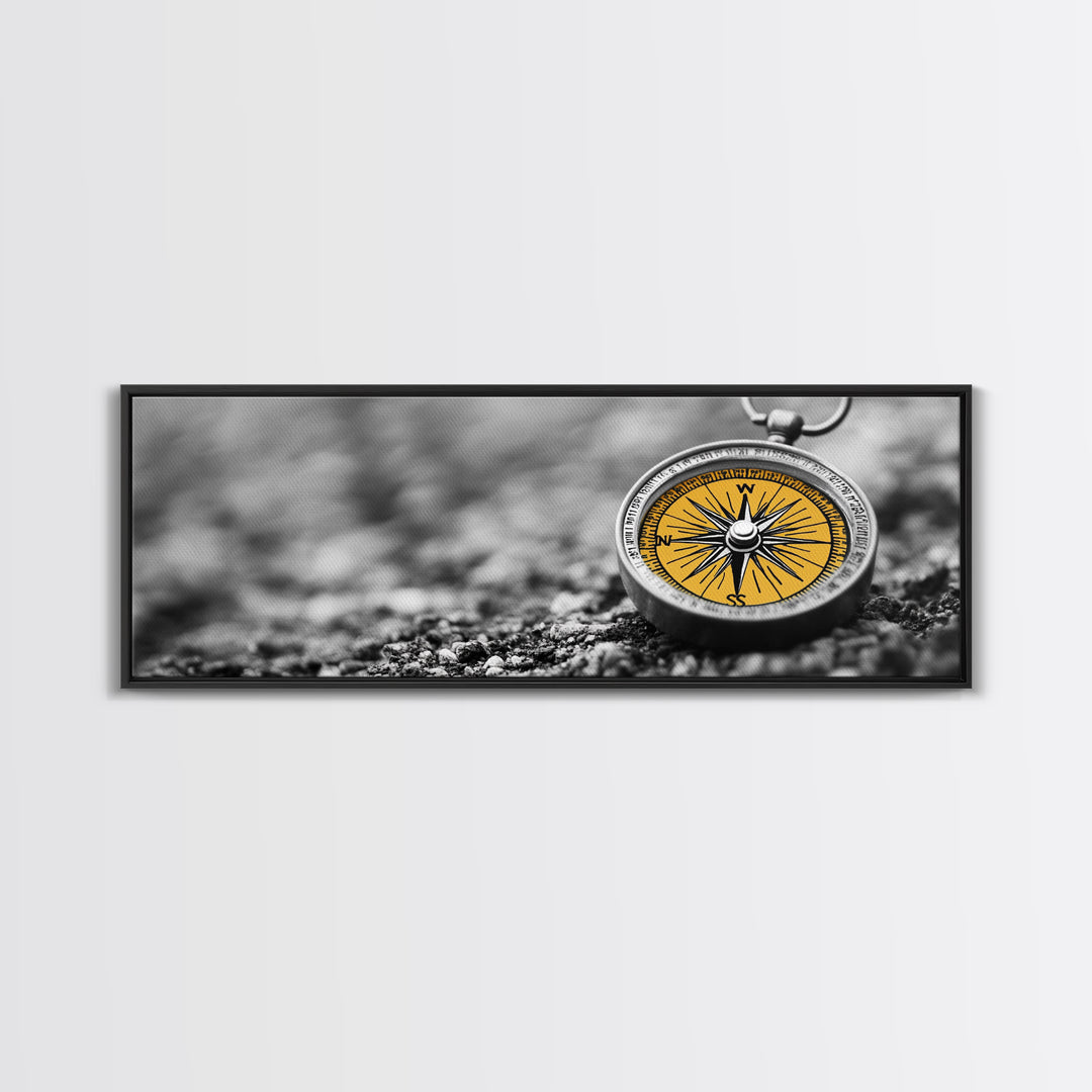 Golden Compass Closeup, Adventure Exploration Theme, Vintage Nautical Design, Framed Canvas Print, Office Wall Art, Travel Lover Gift