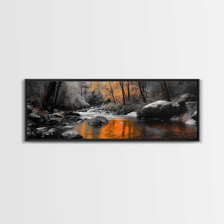 Autumn River Scene, Fall Forest Landscape, Tranquil Waters, Framed Canvas Print, Rustic Wall Art, Cabin Decor, Moody Photography