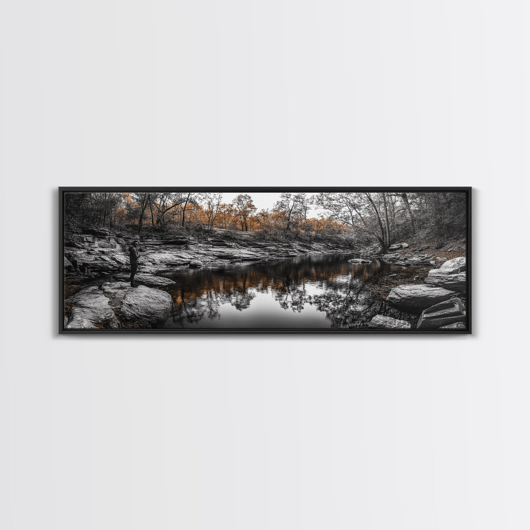 Peaceful Creek View, Fall Foliage Forest, Nature Wall Art, Fishing Scene, Framed Canvas Print, Rustic Home Decor, Autumn Photography