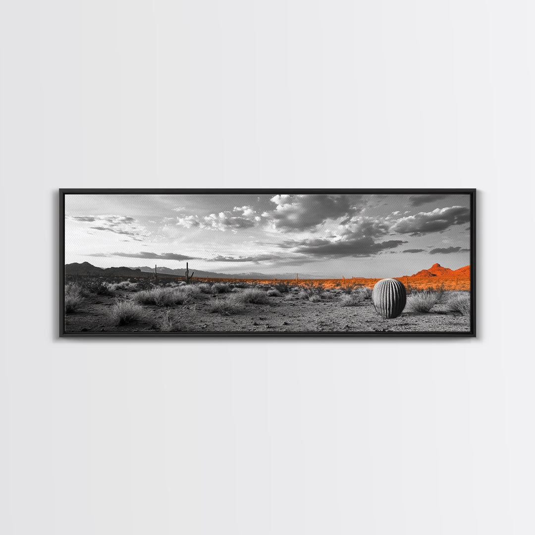 Arizona Desert Cactus, Orange Sunset Landscape, Saguaro Art, Framed Canvas Print, Western Wall Decor, Rustic Living Room Accent