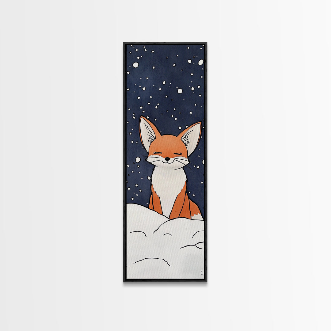 Sleepy Fox In Snowy Night Canvas Print, Whimsical Animal Art, Woodland Nursery Decor, Kids Room Wall Decor, Winter Wall Art