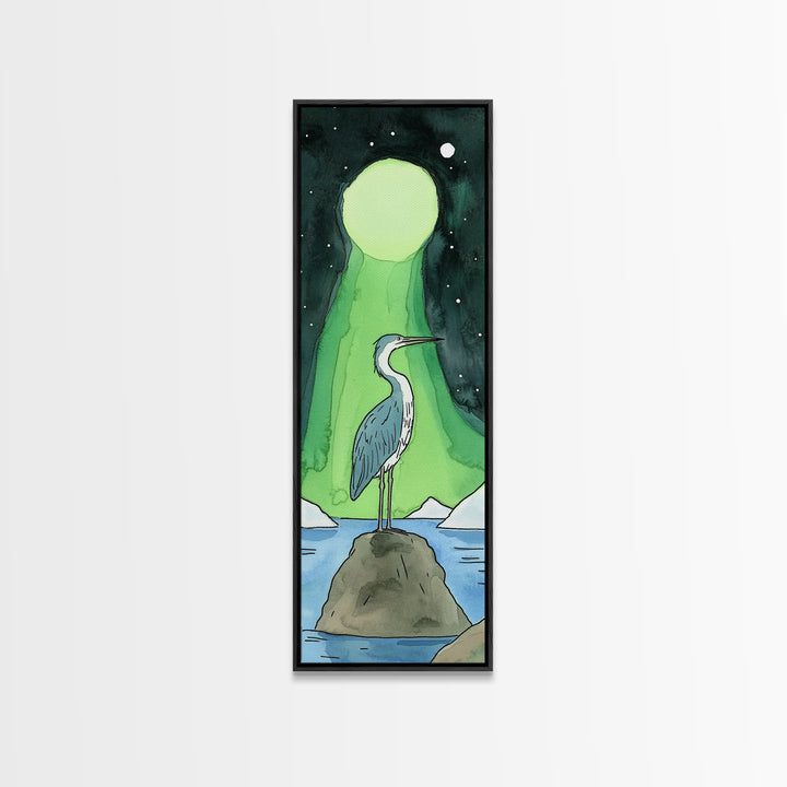 Heron Under Green Aurora Moon Wall Art, Celestial Bird Art Print, Northern Lights Decor, Coastal Wall Decor, Mystical Nature Art