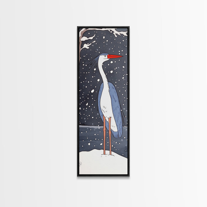 Snowy Heron With Red Beak Framed Canvas Print, Winter Bird Wall Art, Coastal Wall Decor, Animal Art Print, Nature Decor, Gift