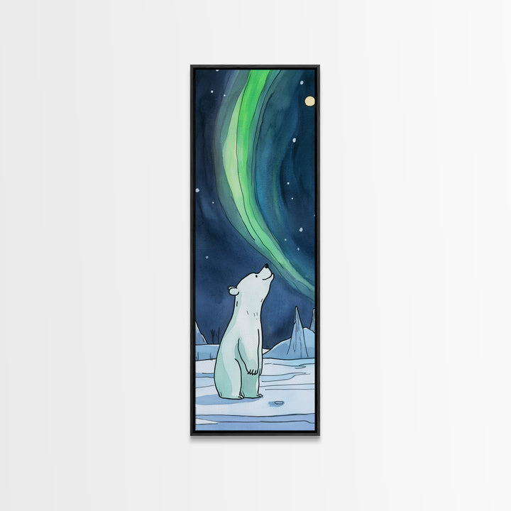 Polar Bear Watching Northern Lights Wall Art, Aurora Canvas Print, Arctic Animal Art, Nursery Decor, Winter Nature Wall Decor