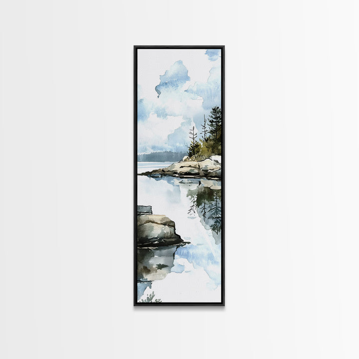 Quiet Rocky Lake And Pine Reflection Framed Canvas Print, Watercolor Landscape Wall Art, Nature Decor, Living Room Art Print