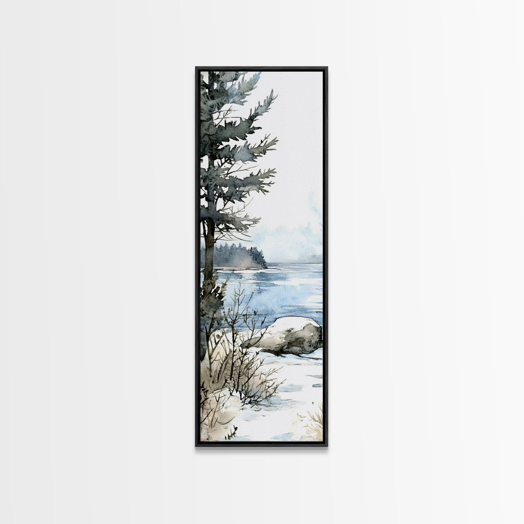 Pine Tree By Frozen Lake Framed Canvas Print, Winter Coastal Landscape Wall Art, Cabin Decor, Scandinavian Wall Decor Gift