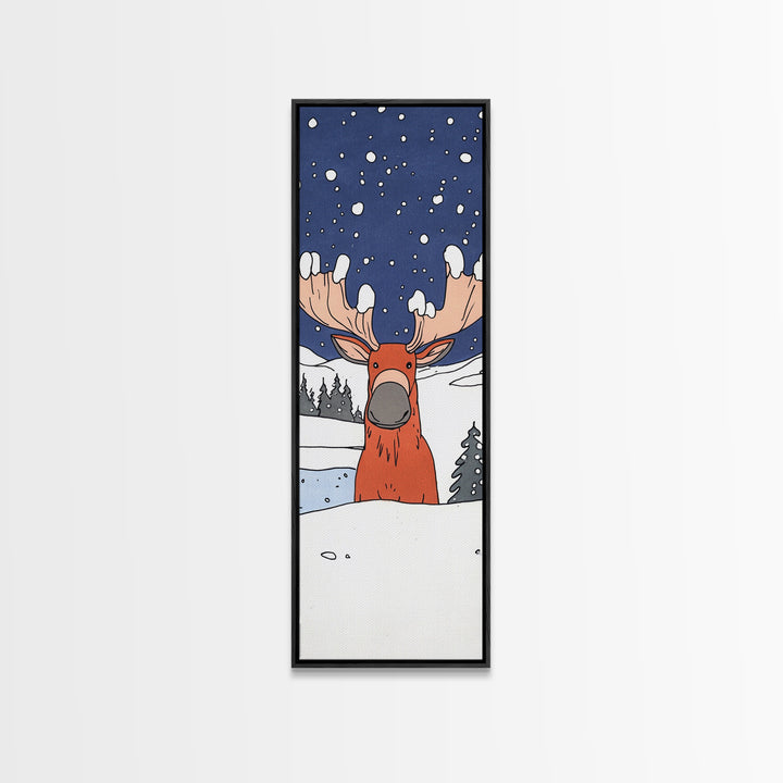 Whimsical Moose In Snow Wall Art, Cute Animal Print For Nursery Decor, Winter Woodland Kids Room Decor, Housewarming Gift