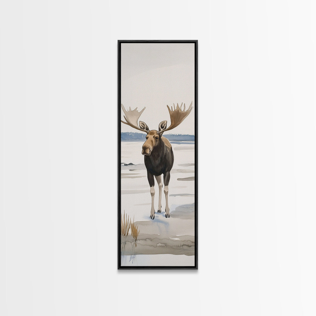 Snowy Moose Watercolor Wall Art, Rustic Wildlife Print, Cabin Decor, Winter Landscape Art, Nature Lover Housewarming Gift