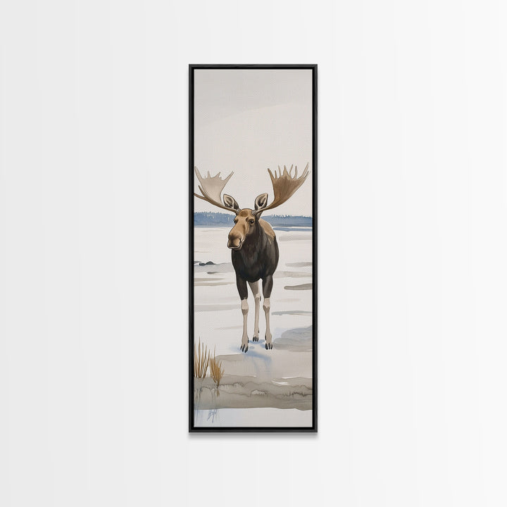 Snowy Moose Watercolor Wall Art, Rustic Wildlife Print, Cabin Decor, Winter Landscape Art, Nature Lover Housewarming Gift