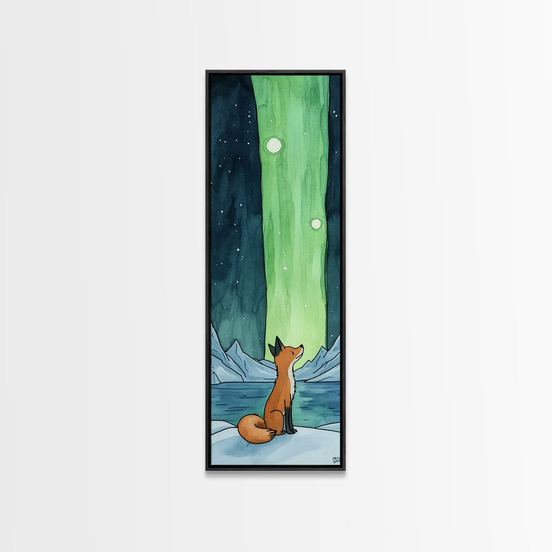 Fox Watching Northern Lights Canvas Print Arctic Landscape Wall Art, Celestial Animal Decor, Cozy Kids Room Nursery Gift