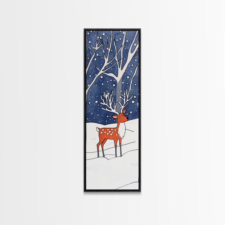 Red Reindeer In Snowy Forest Wall Art, Whimsical Winter Woodland Nursery Decor, Christmas Gift, Kids Room Wall Decor For Baby